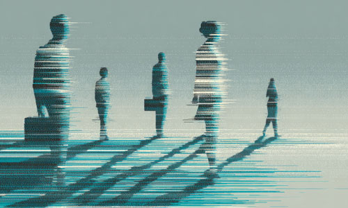 Potential employess moving with streaked lines showing they are in flux.